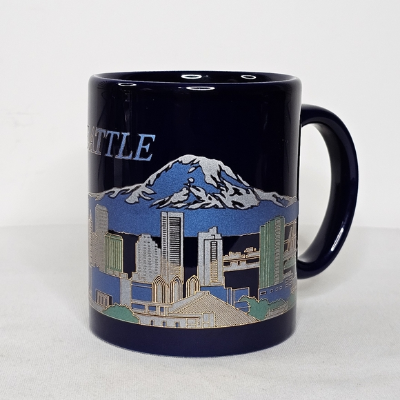 Seattle Coffee Mug Cup Space Needle City Skyline Mt. Rainier Blue & Gold Trim - Picture 3 of 7